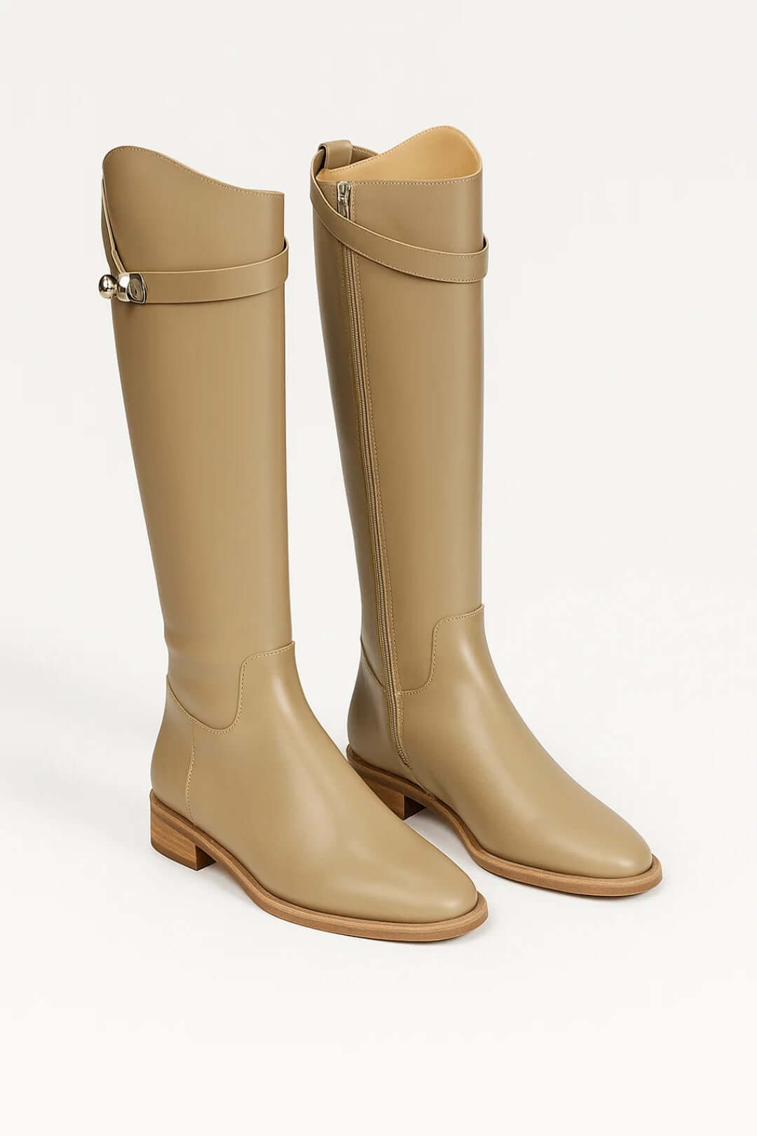 Knee-High Boots with Buckle Detail – Timeless Style — Beige