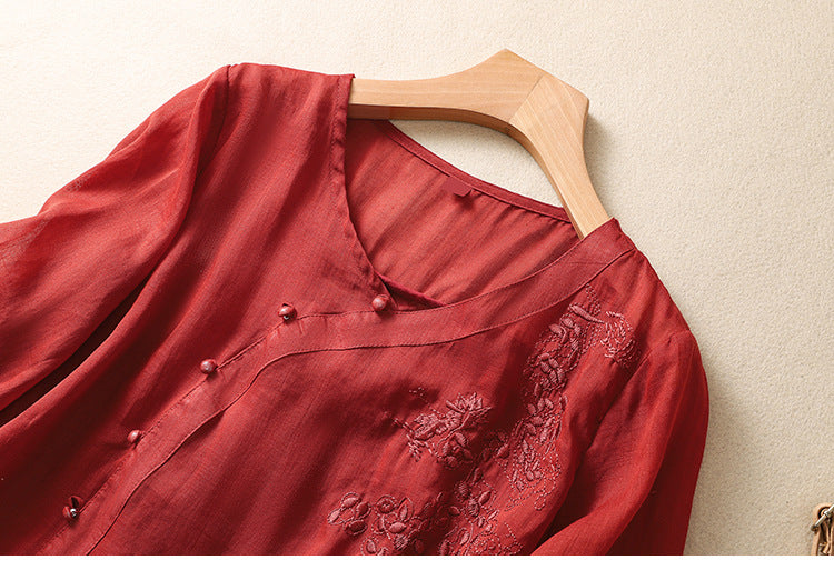 Embroidered V-Neck Blouse with Asymmetrical Buttons