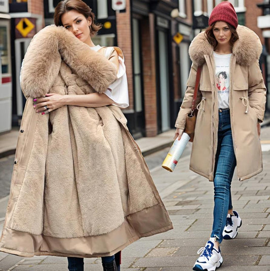 Women's Fur-Trim Hooded Winter Coat — Beige