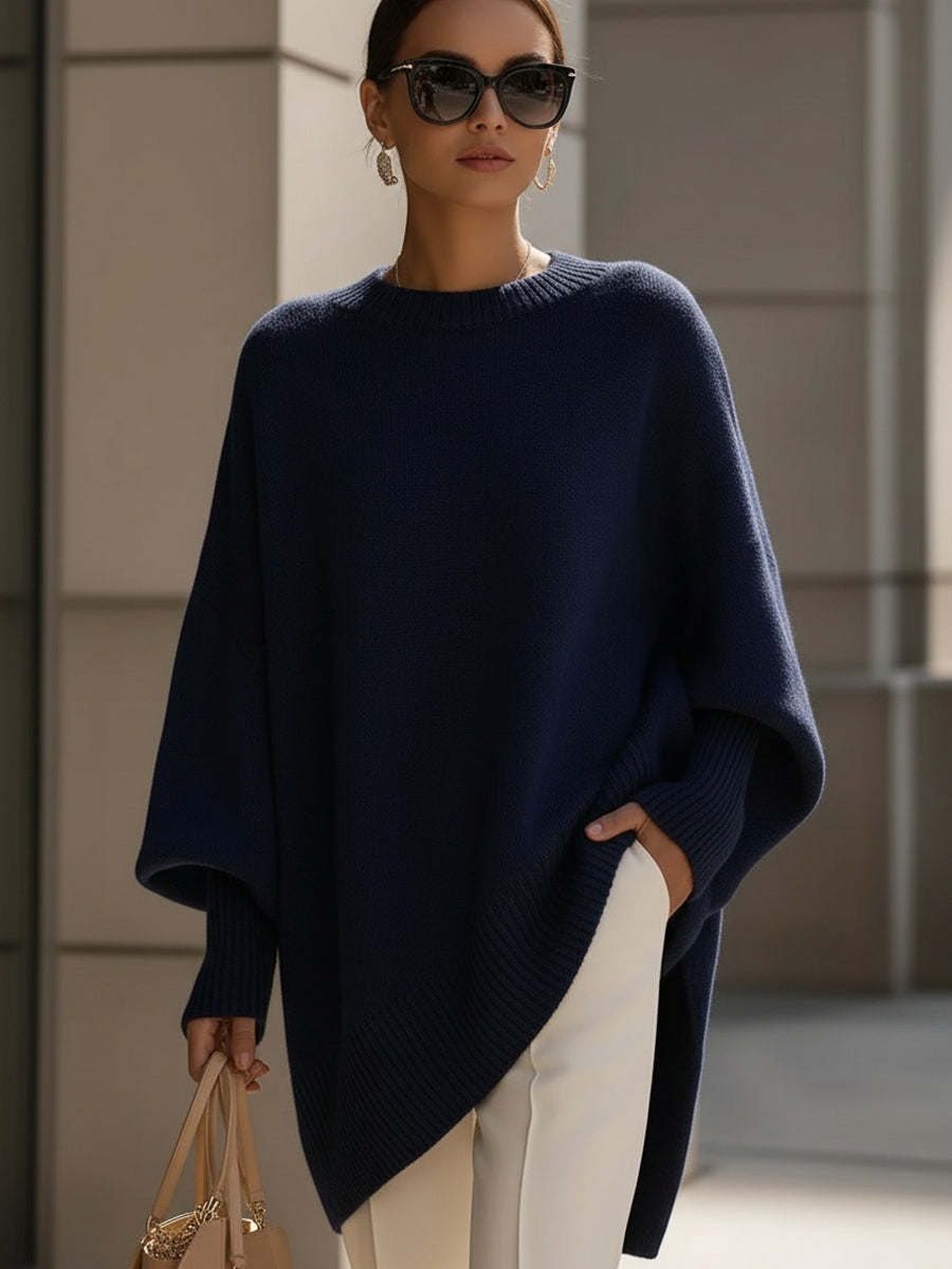 Oversized Wool Blend Jumper with Draped Silhouette — Navy Blue