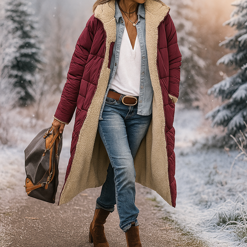 Long Padded Coat with Soft Lining for Everyday Warmth — Wine Red