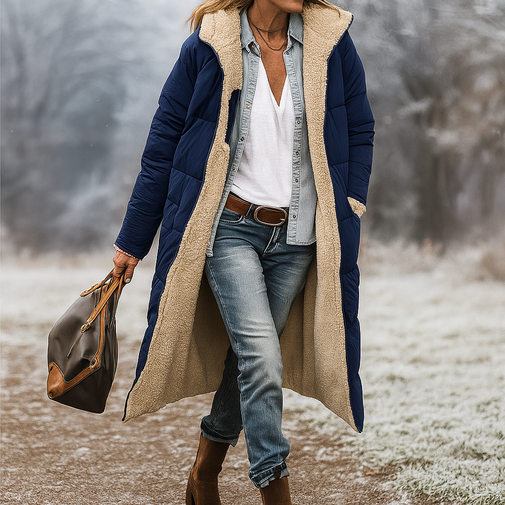 Long Padded Coat with Soft Lining for Everyday Warmth — Navy