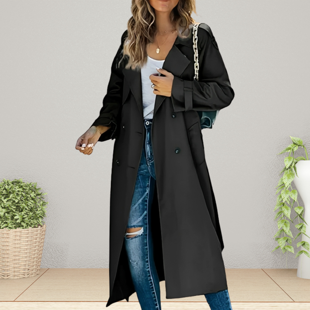 Women's Double-Breasted Mid-Season Trench Coat — Black