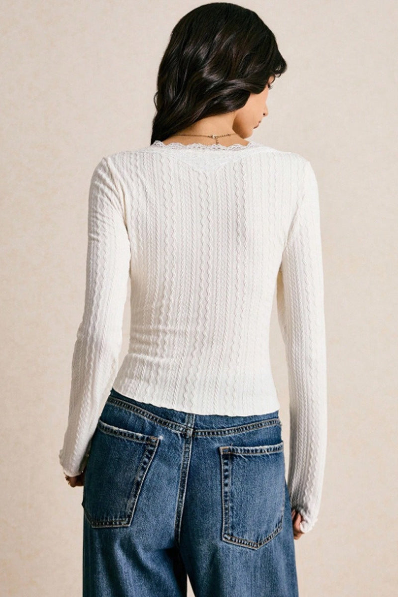 Slim Fit White Lace V-Neck Long Sleeve Blouse