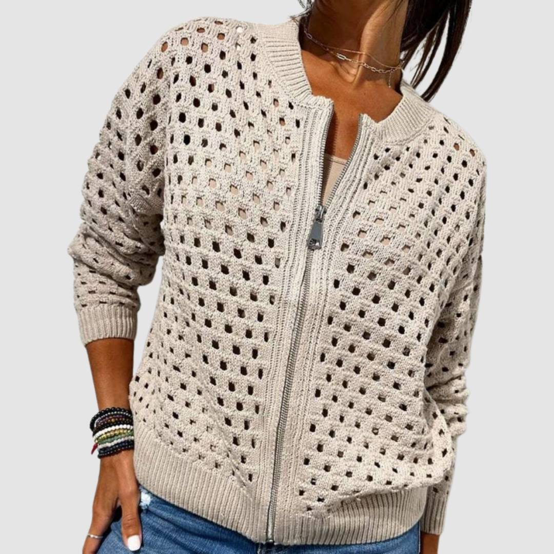 Soft Knitted Zip Cardigan – Relaxed Fit — Beige