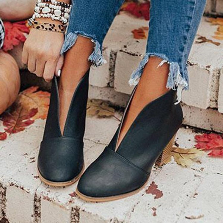 Almond Toe V-Cut Ankle Boots with Chunky Heel — Black