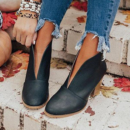 Almond Toe V-Cut Ankle Boots with Chunky Heel — Black