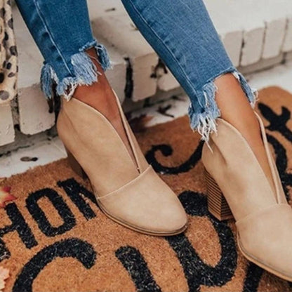 Almond Toe V-Cut Ankle Boots with Chunky Heel — Khaki