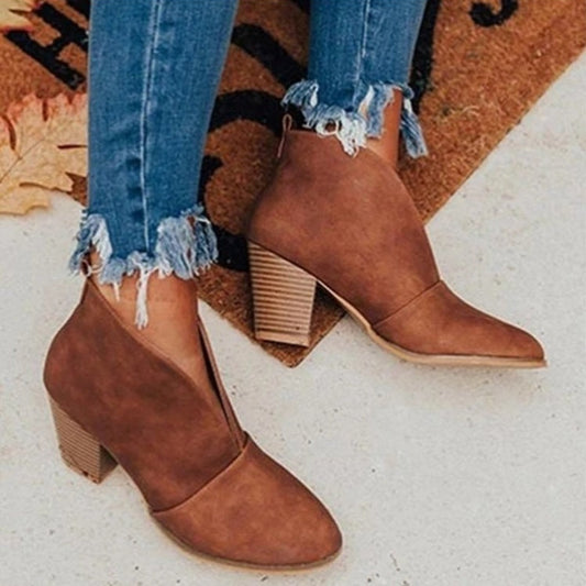 Almond Toe V-Cut Ankle Boots with Chunky Heel — Brown