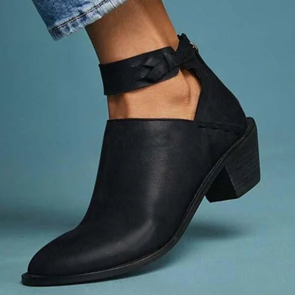 Block Heel Ankle Boots with Braided Strap Detail — Black