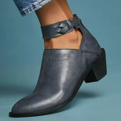 Block Heel Ankle Boots with Braided Strap Detail — Blue