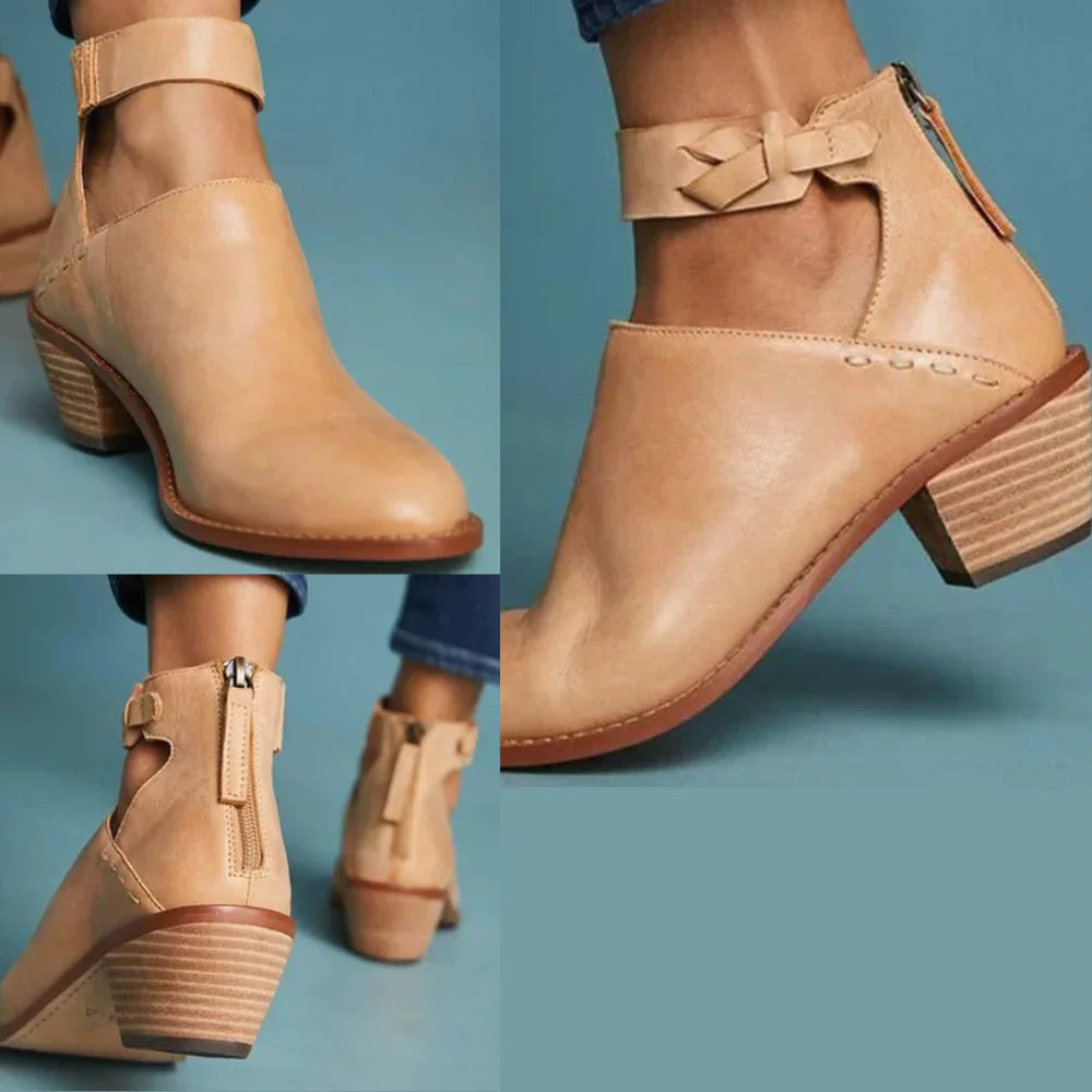 Block Heel Ankle Boots with Braided Strap Detail — Beige