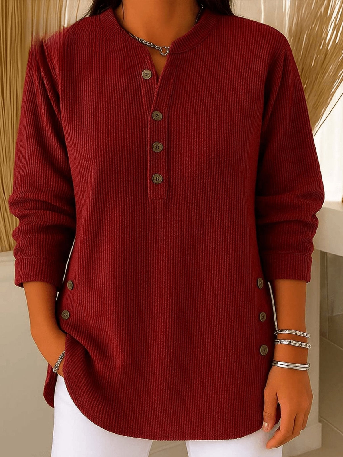 Longline Henley Ribbed Tunic Top for Everyday Comfort — Burgundy