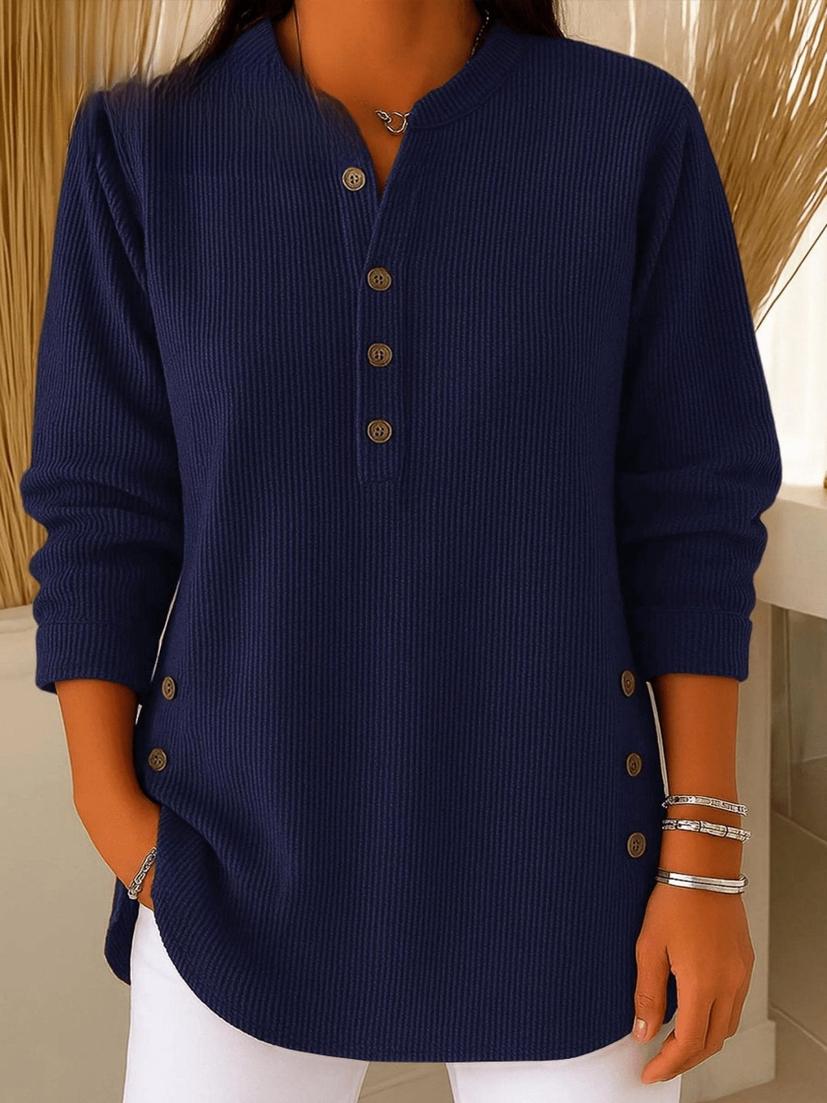 Longline Henley Ribbed Tunic Top for Everyday Comfort — Navy Blue