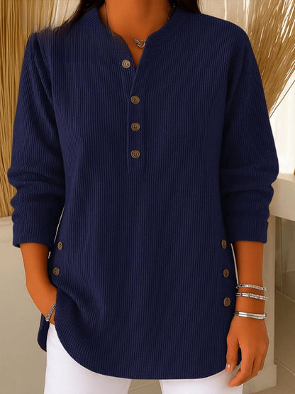 Longline Henley Ribbed Tunic Top for Everyday Comfort — Navy Blue