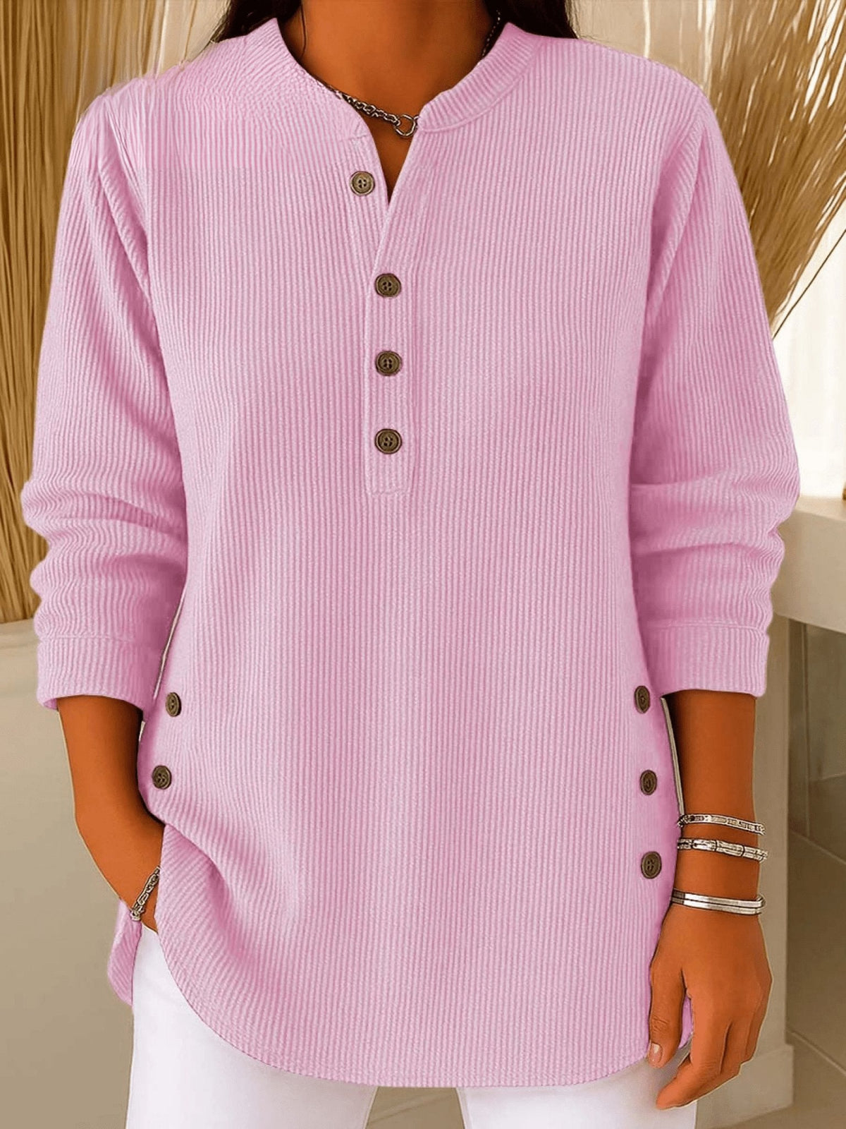 Longline Henley Ribbed Tunic Top for Everyday Comfort — Pink