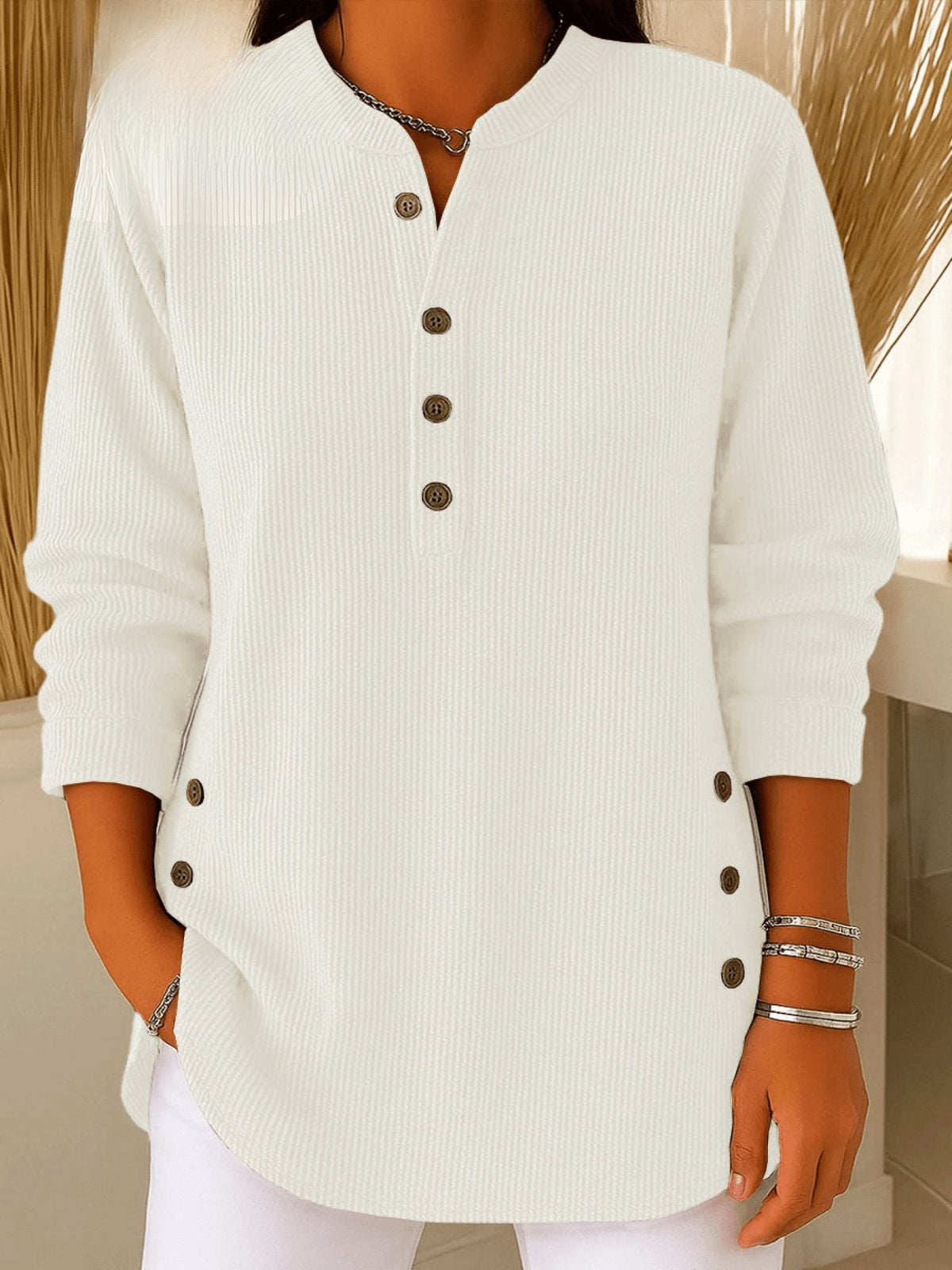 Longline Henley Ribbed Tunic Top for Everyday Comfort — White