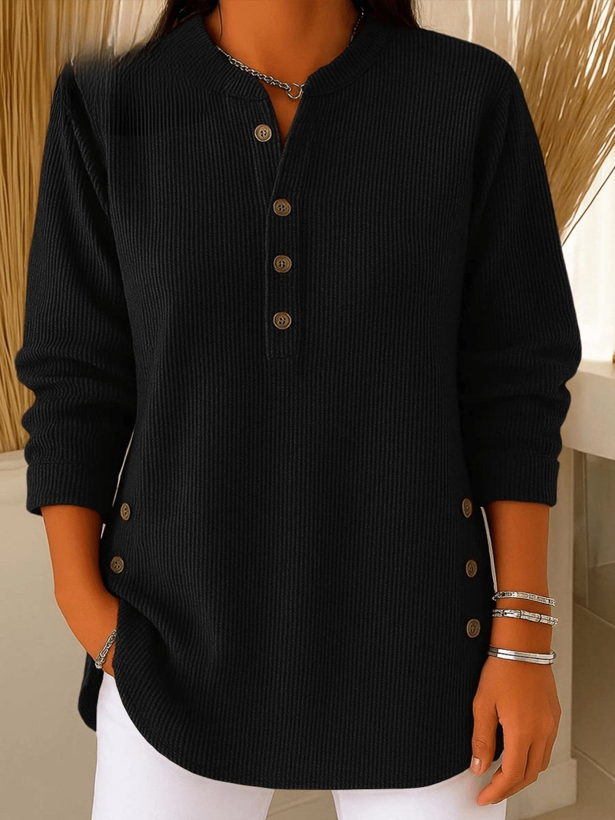 Longline Henley Ribbed Tunic Top for Everyday Comfort — Black
