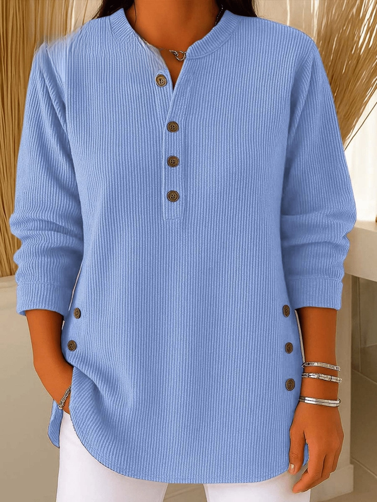 Women's Longline Henley Ribbed Tunic Top
