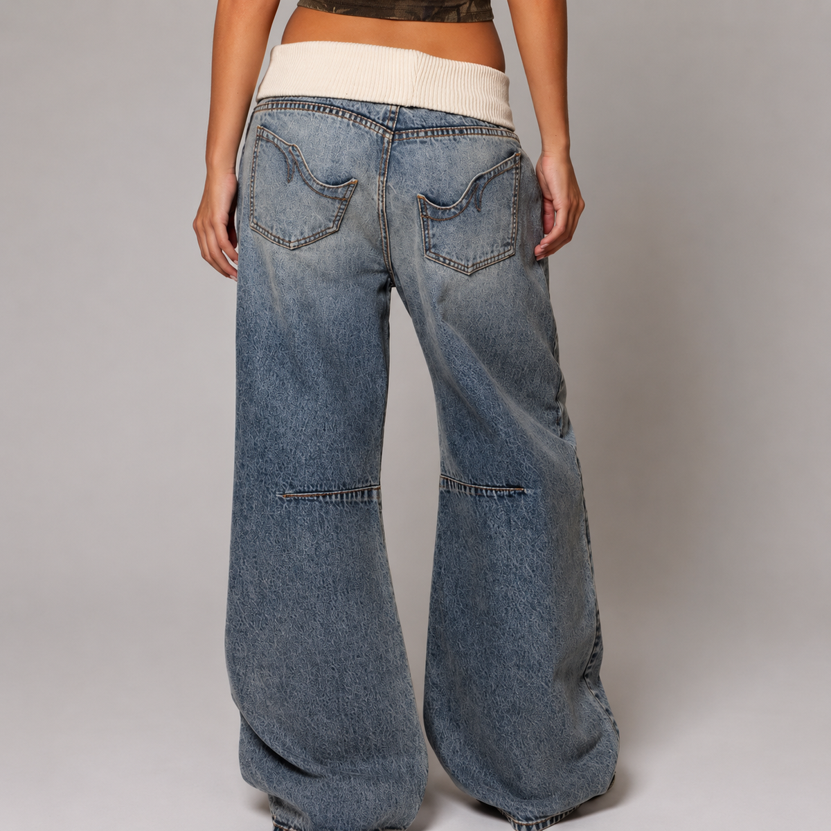 Blue Wide-Leg Jeans with Comfort Ribbed Waistband