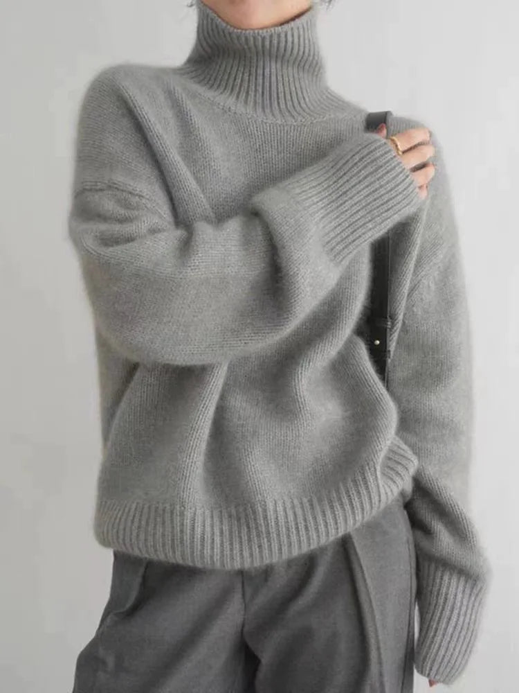 Roll Neck Knit Jumper with Ribbed Cuffs — Gray