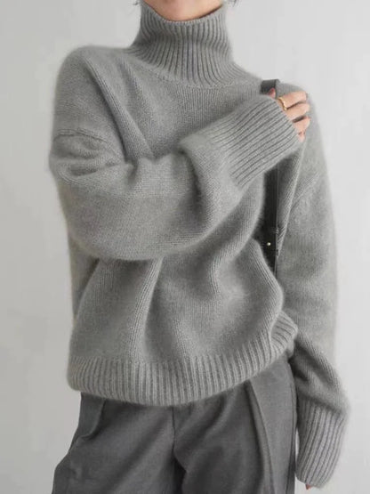 Roll Neck Knit Jumper with Ribbed Cuffs — Gray