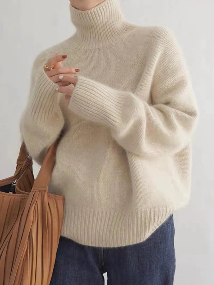 Roll Neck Knit Jumper with Ribbed Cuffs — Beige
