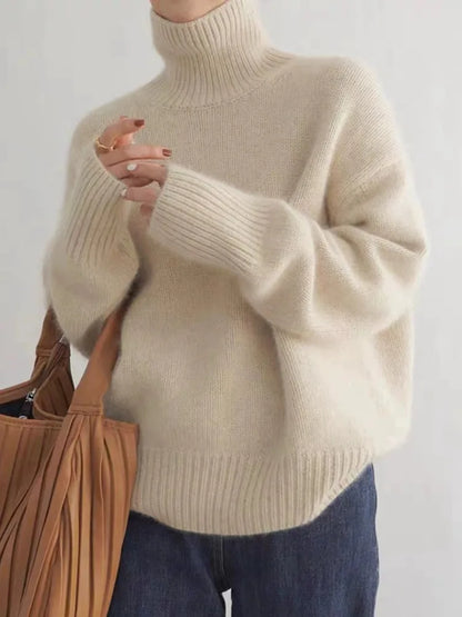 Roll Neck Knit Jumper with Ribbed Cuffs — Beige