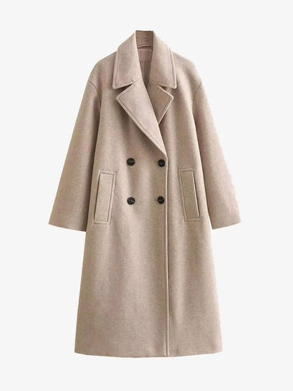 Tailored Double-Breasted Trench Coat with Belted Waist — Beige