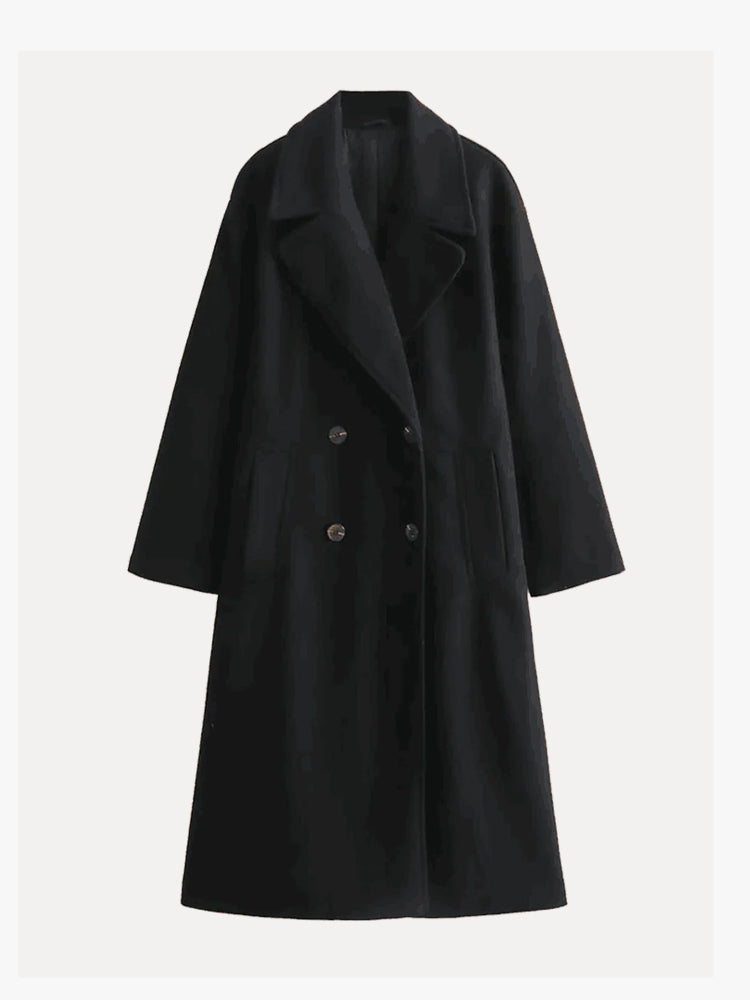 Tailored Double-Breasted Trench Coat with Belted Waist — Black