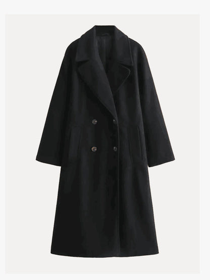 Tailored Double-Breasted Trench Coat with Belted Waist — Black