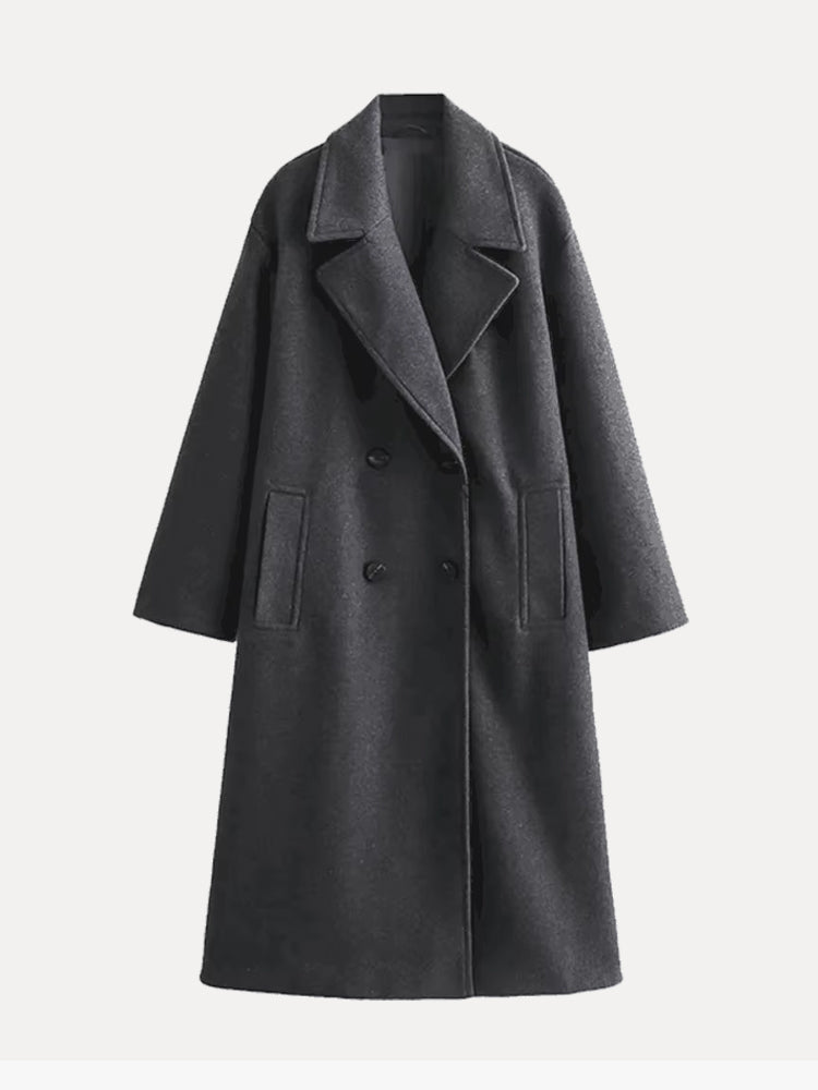 Tailored Double-Breasted Trench Coat with Belted Waist — Grey