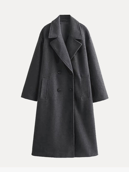 Tailored Double-Breasted Trench Coat with Belted Waist — Grey