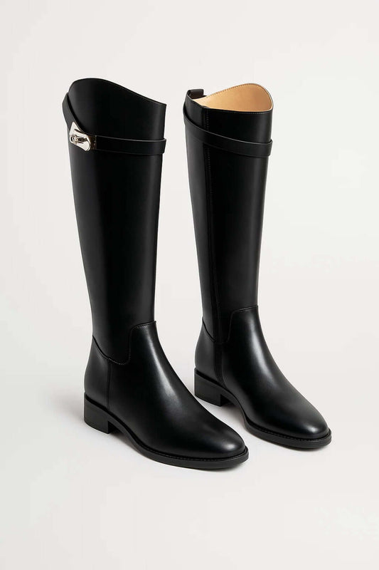 Knee-High Boots with Buckle Detail – Timeless Style — Black