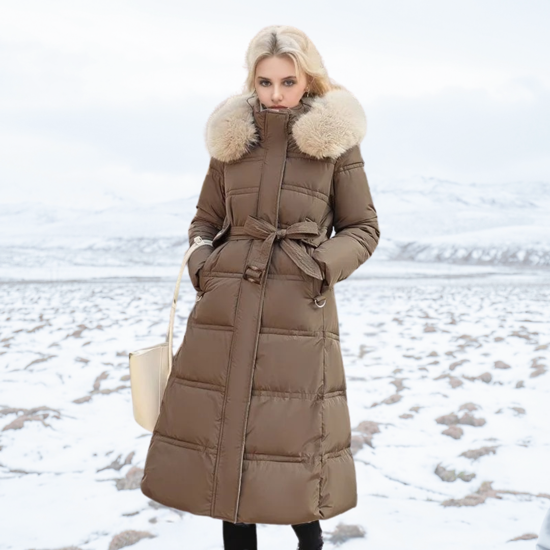 Warm Winter Parka Coat with Cosy Trimmed Hood — Brown and Beige