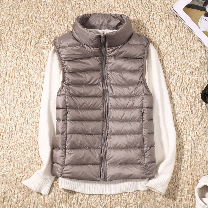 Lightweight Padded Gilet with Stand Collar for Layering Ease — Khaki