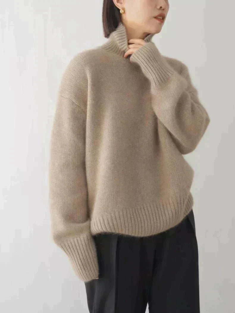 Roll Neck Knit Jumper with Ribbed Cuffs — Khaki