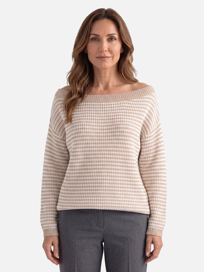 Striped Bardot Neck Jumper – Relaxed Fit Knit — Beige