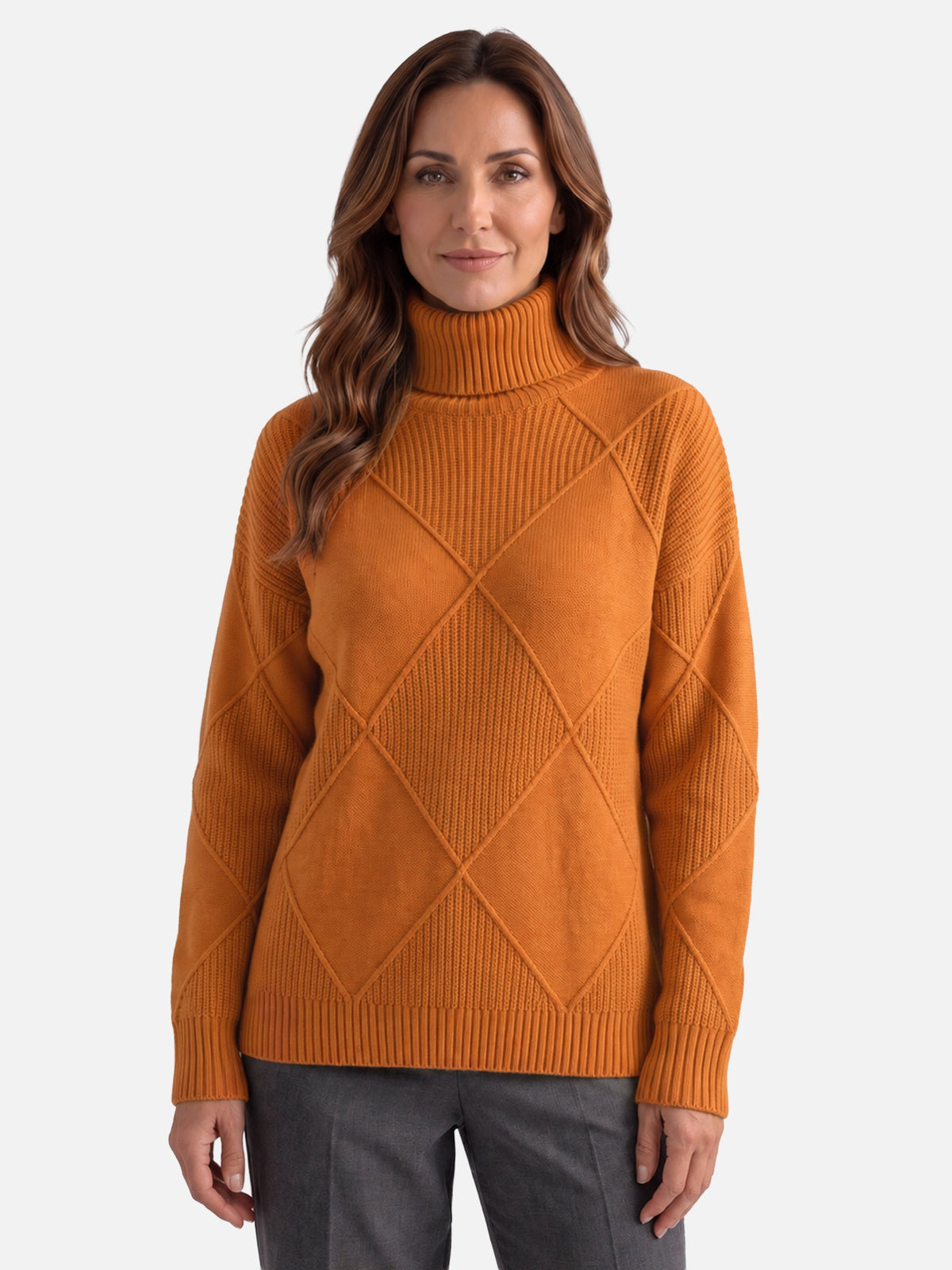 Diamond Knit Roll Neck Jumper – Cosy Textured Pullover — Orange