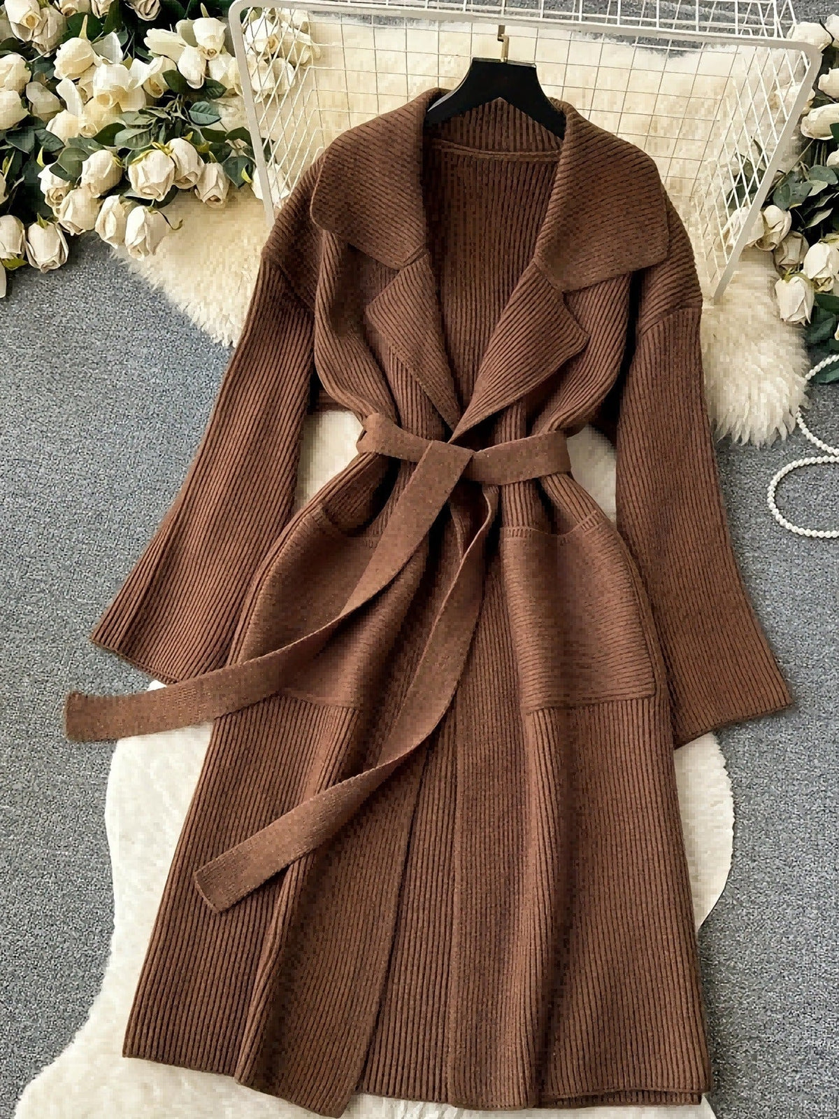 Longline Knit Cardigan with Shawl Collar & Belt — Dark brown
