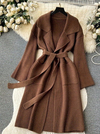 Longline Knit Cardigan with Shawl Collar & Belt — Dark brown