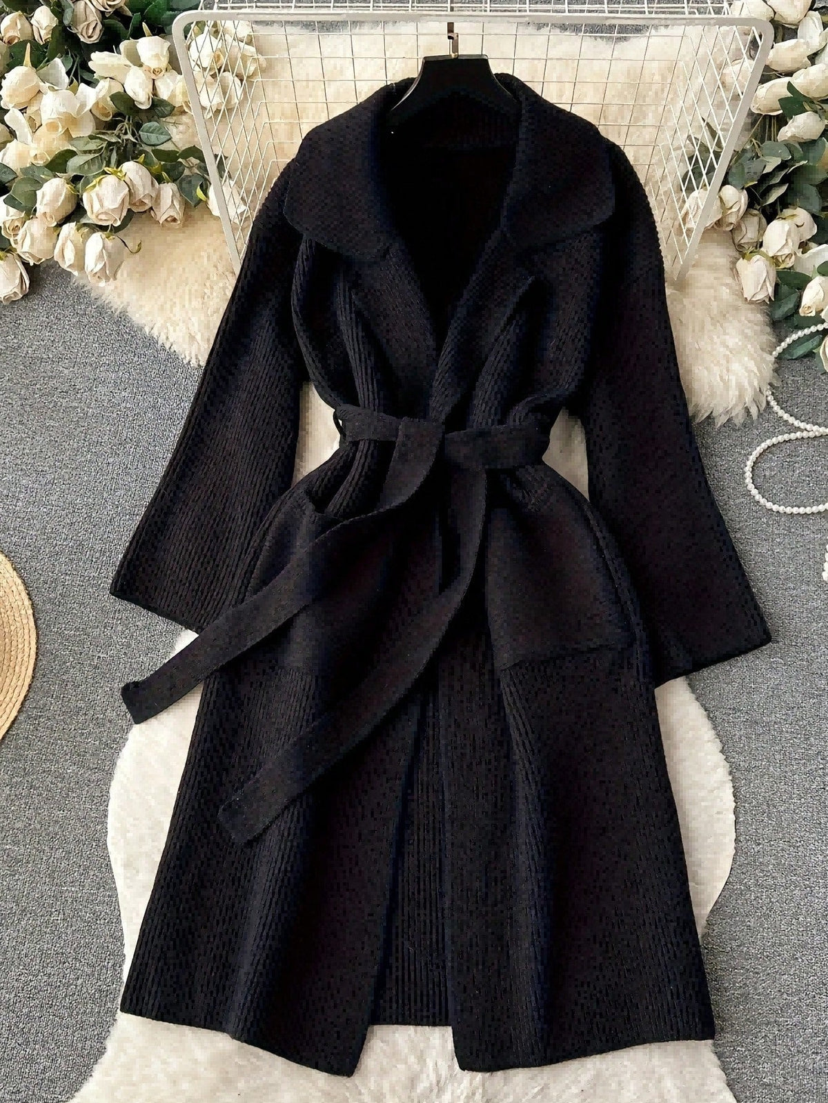 Longline Knit Cardigan with Shawl Collar & Belt — Black