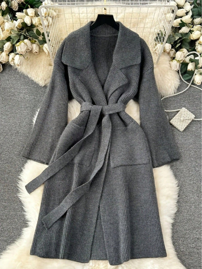 Longline Knit Cardigan with Shawl Collar & Belt — Dark gray