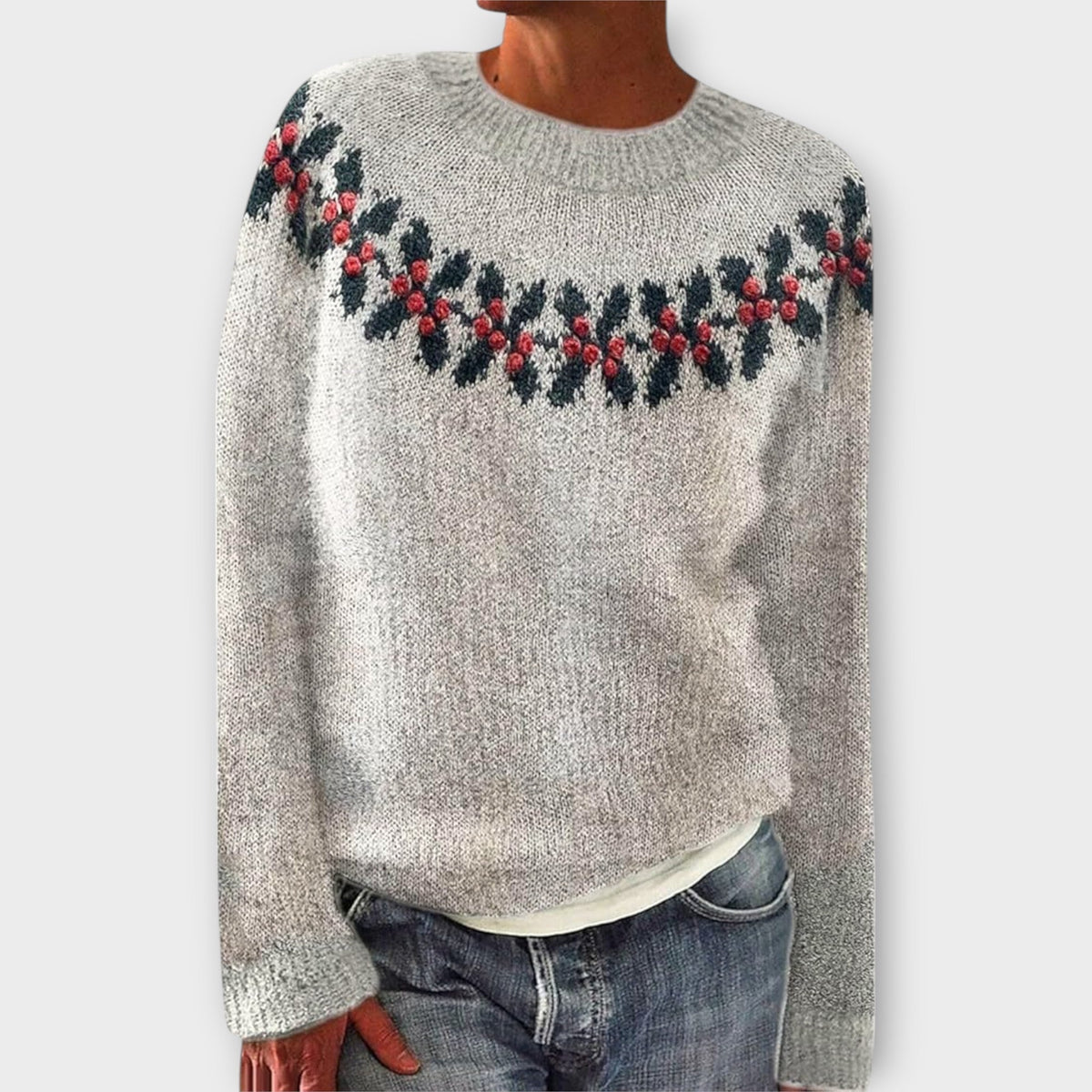 Festive Patterned Crew Neck Jumper — Gray