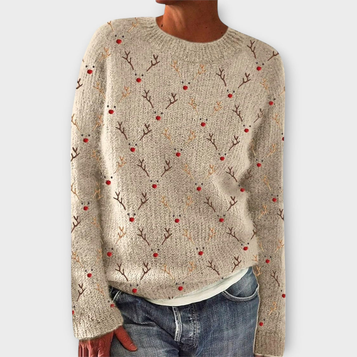 Festive Patterned Crew Neck Jumper — Beige