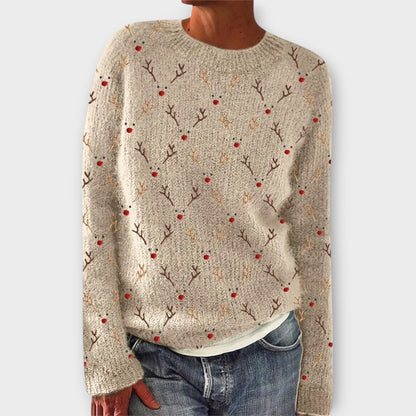 Festive Patterned Crew Neck Jumper — Beige