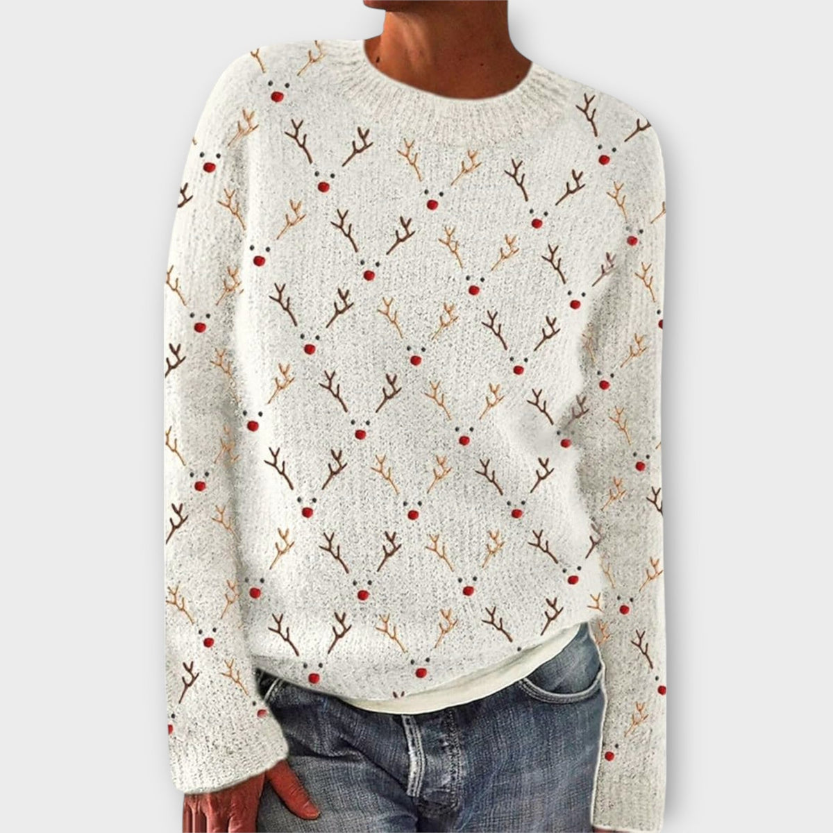 Festive Patterned Crew Neck Jumper — White