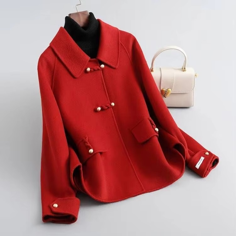 Double-Sided Short Coat with Turn-Down Collar — red