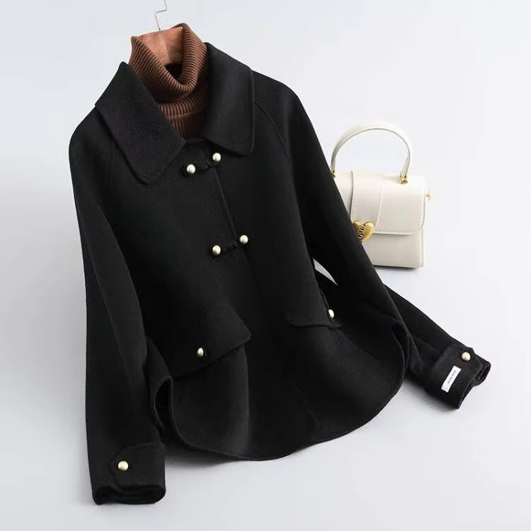 Double-Sided Short Coat with Turn-Down Collar — black