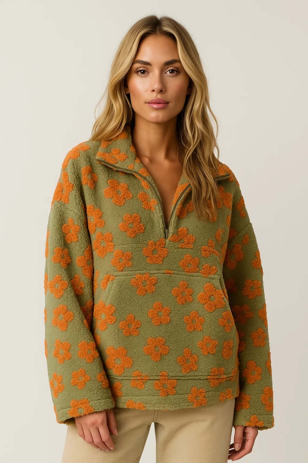 Green Floral Half-Zip Jumper – Relaxed Fit Knitwear